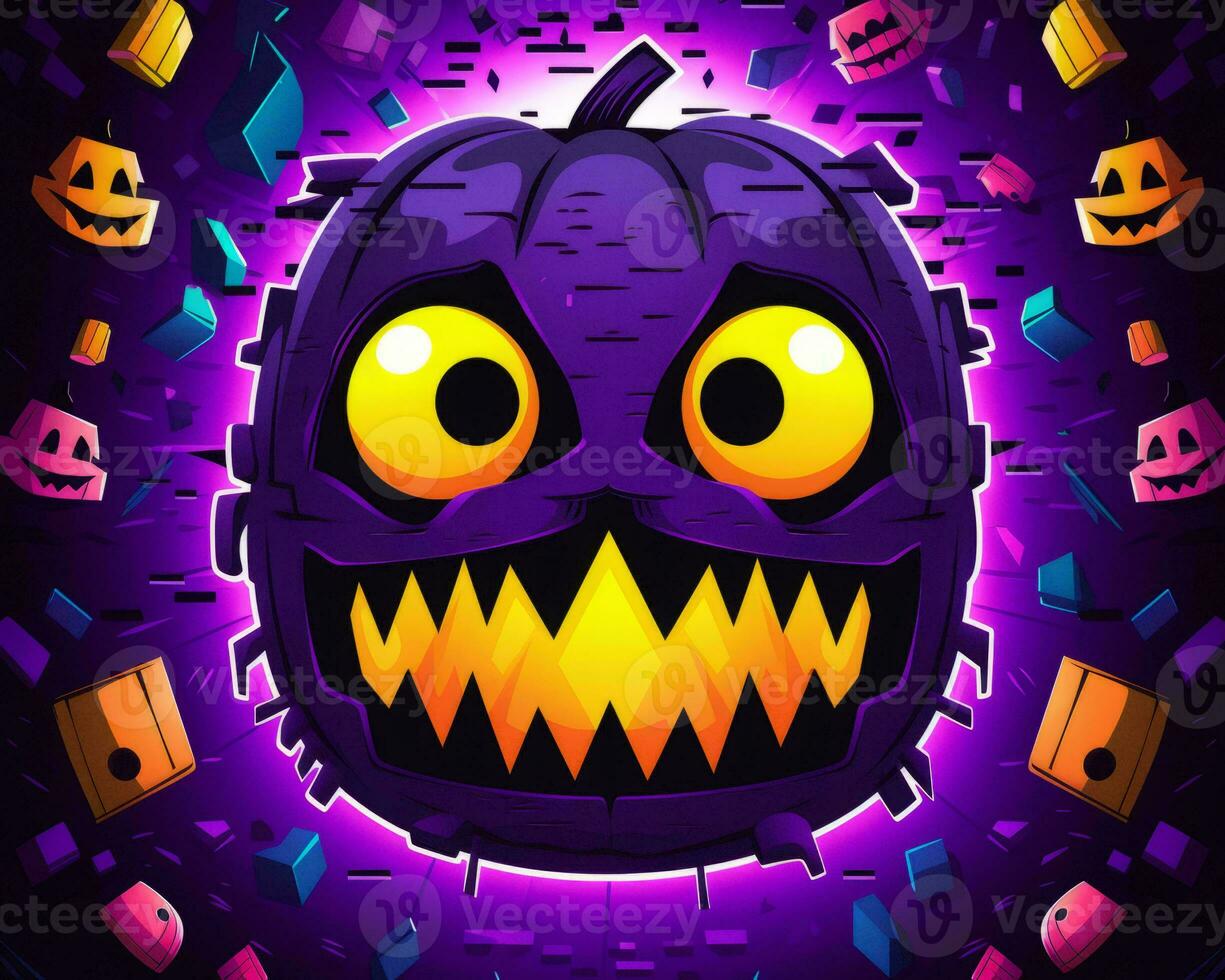 a halloween pumpkin with big eyes and teeth on a purple background generative AI photo