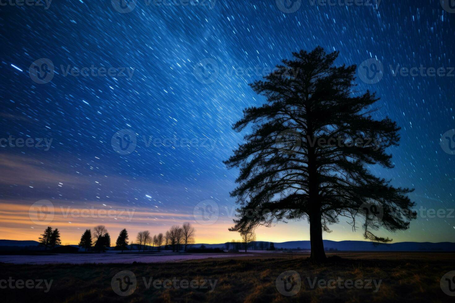 a lone tree stands in the middle of a field at night generative AI photo