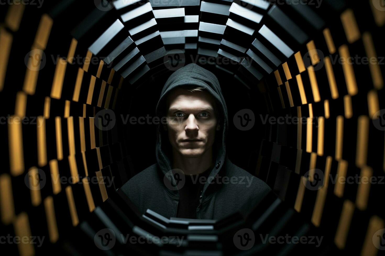 a man in a black hoodie standing in a dark tunnel generative AI photo