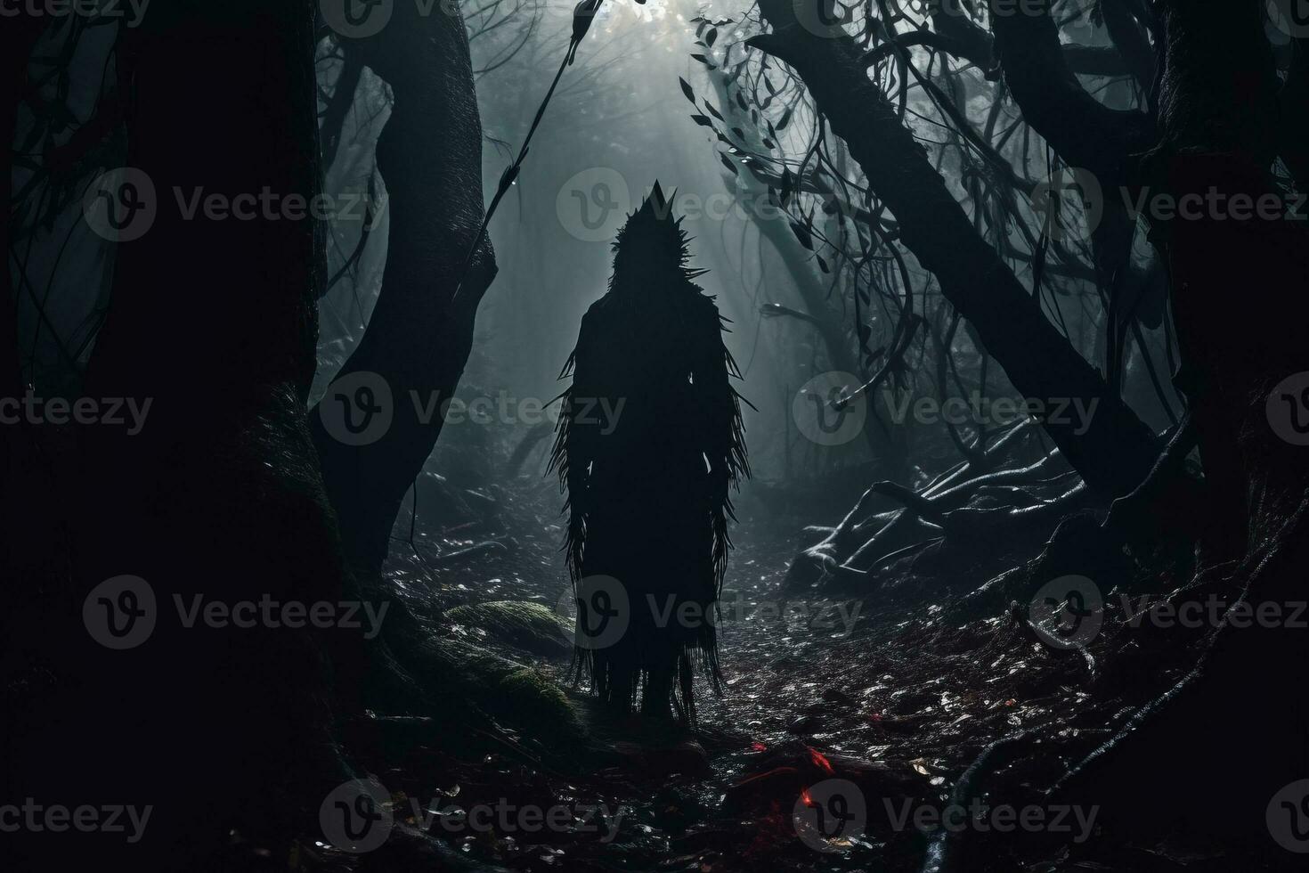 a man in a dark forest with a creepy face standing in the middle of the woods generative AI photo