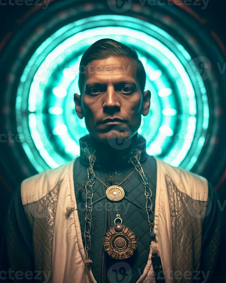a man in a costume with a chain around his neck standing in front of a circular light generative AI photo