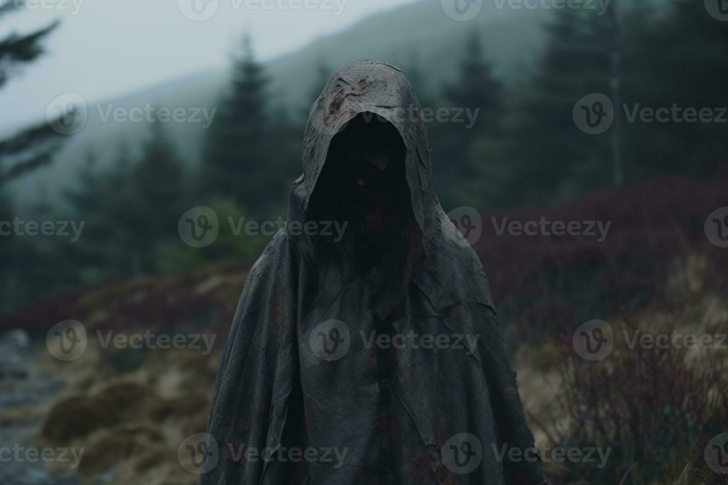 a man in a hooded cloak standing in the middle of a forest generative AI photo