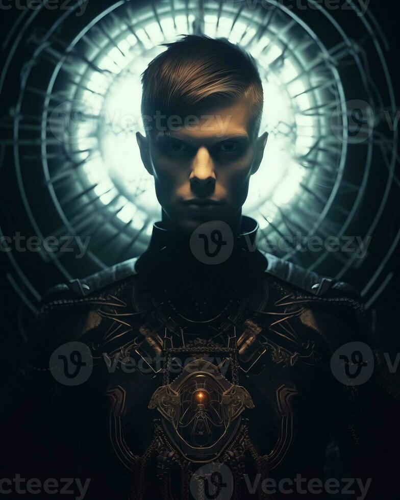a man in a futuristic suit stands in front of a clock generative AI photo