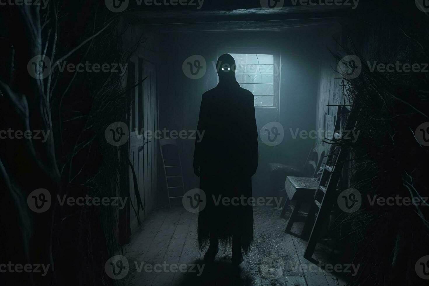a man in a dark room with glowing eyes standing in front of a door generative AI photo