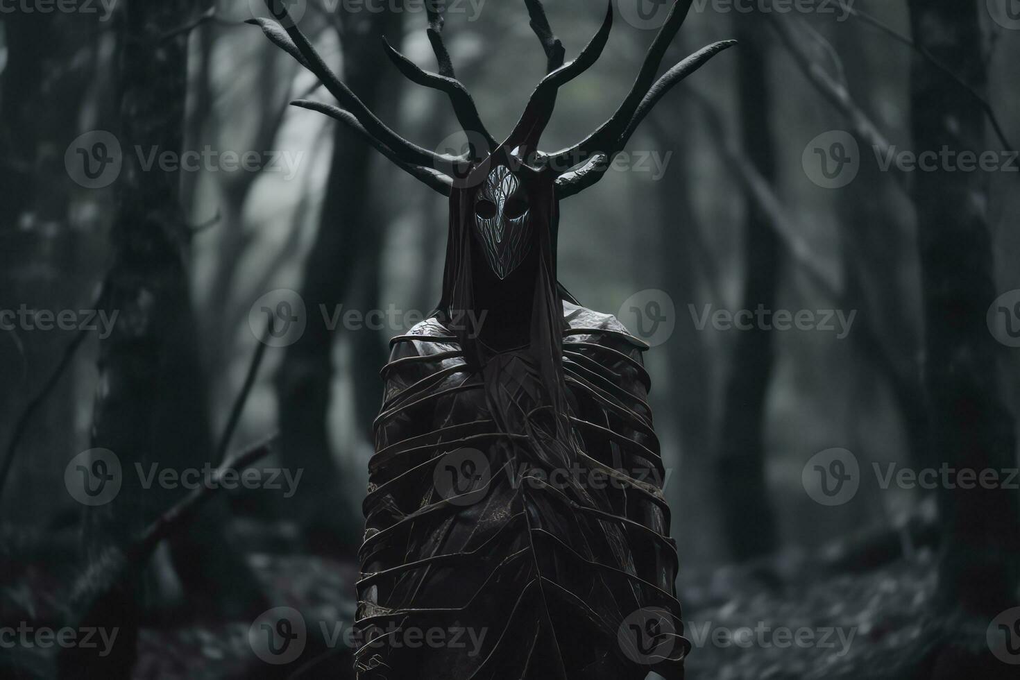 a man in a forest with deer horns on his head generative AI photo