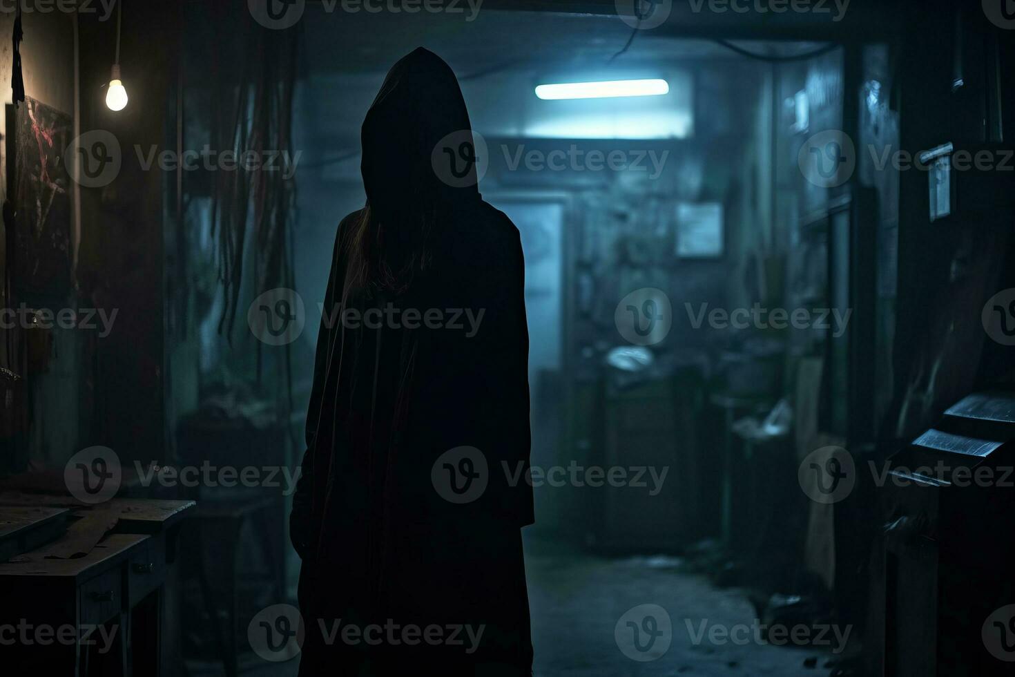 a man in a hooded robe is standing in a dark alley generative AI photo