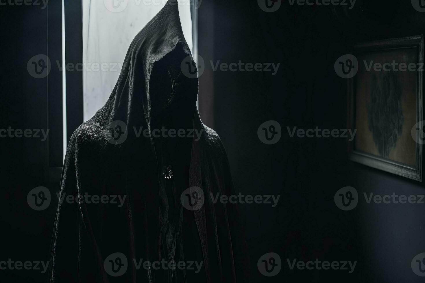 a man in a hooded robe stands in a dark room generative AI photo