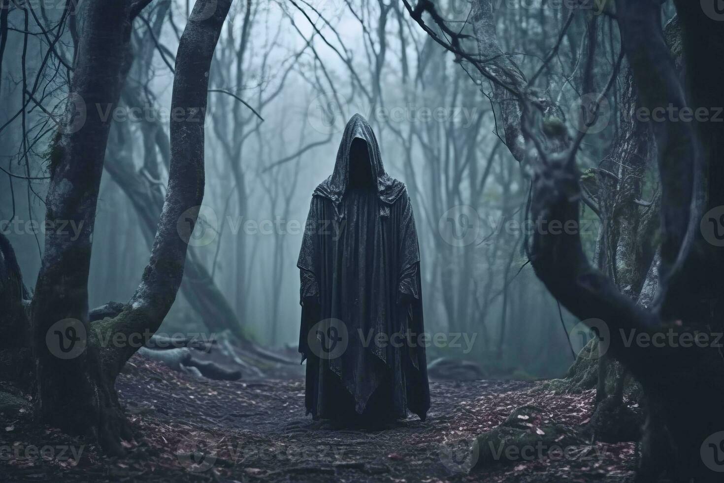 a man in a hooded robe standing in the middle of a dark forest generative AI photo