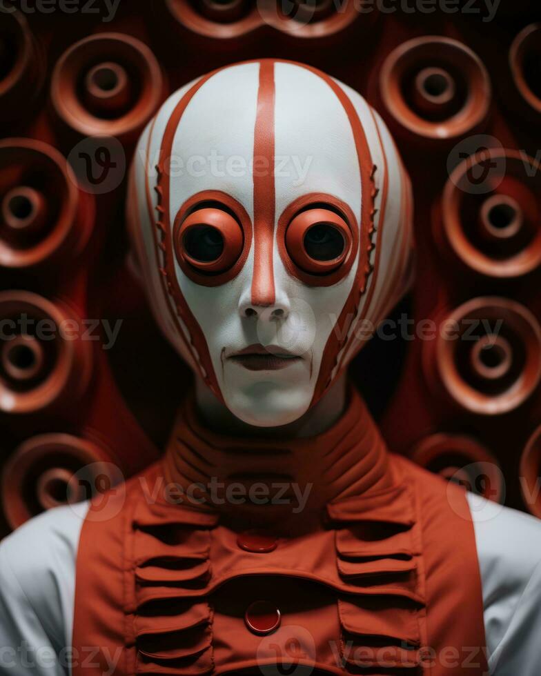 a man in a red and white costume with red eyes generative AI photo