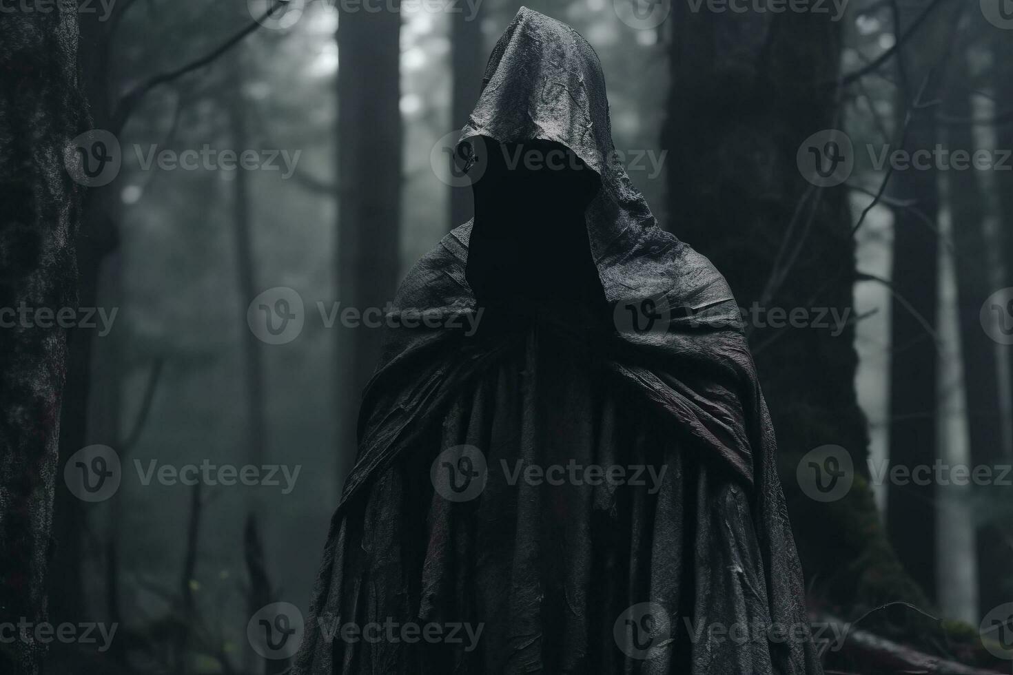 a man in a hooded cloak standing in the woods generative AI photo