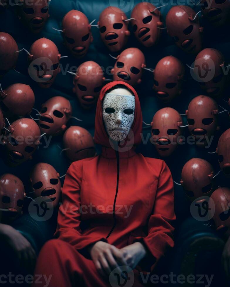 a man in a red suit surrounded by masks generative AI photo