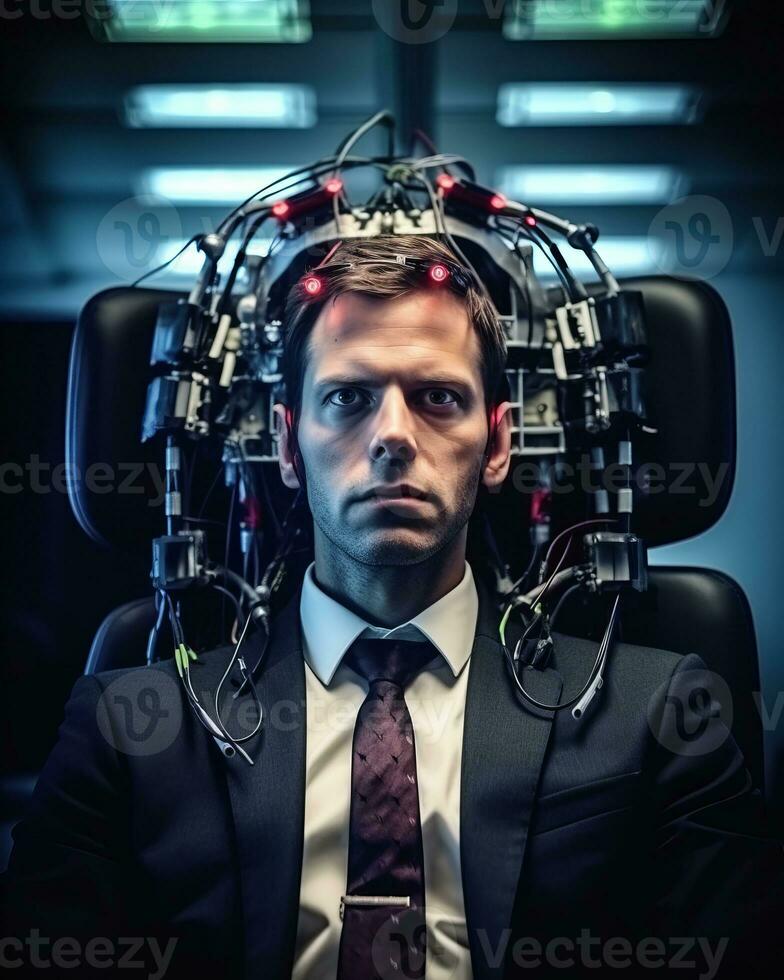 a man in a suit and tie sitting in an office chair with wires attached to his head generative AI photo
