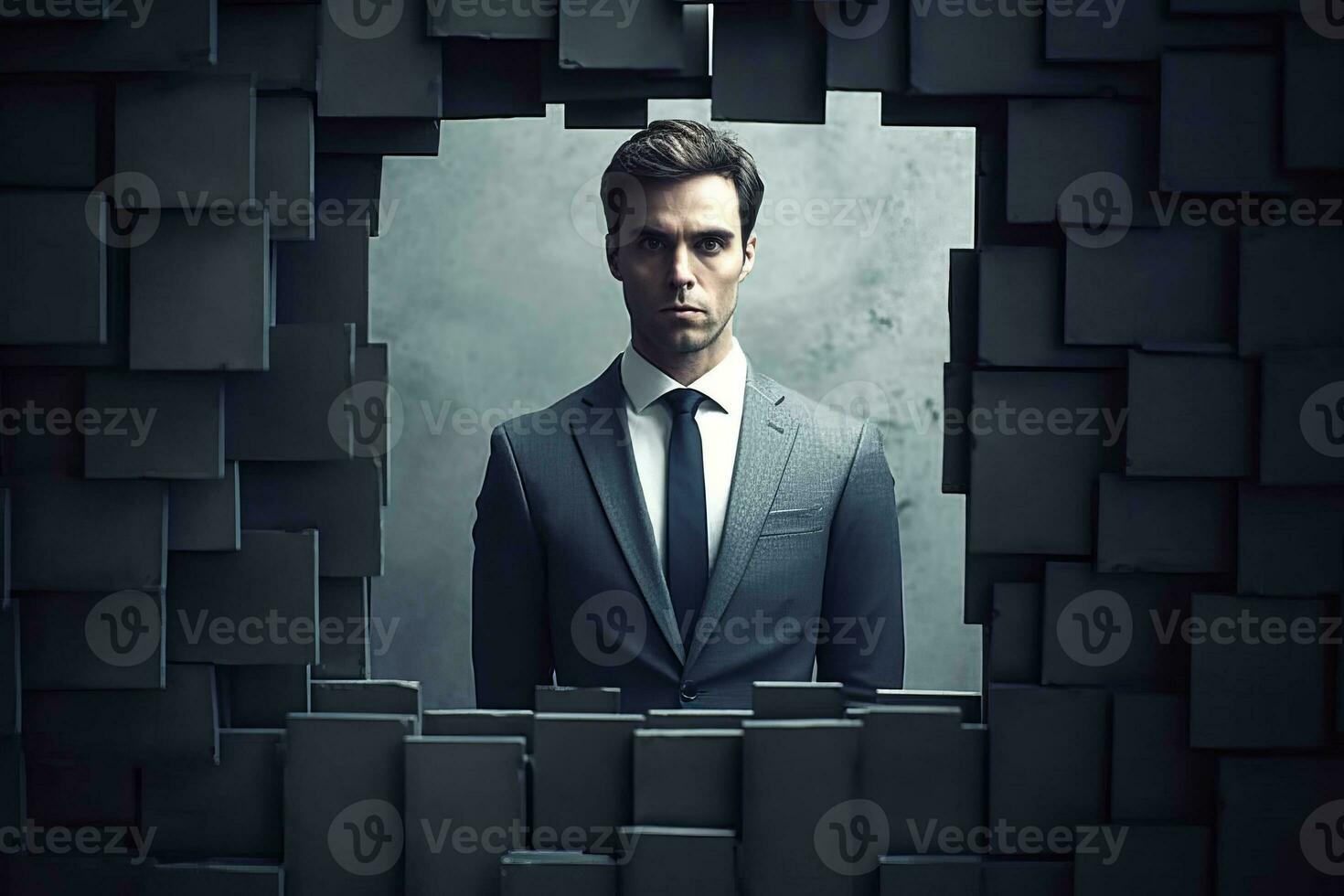 a man in a suit is looking through a hole in a wall generative AI photo
