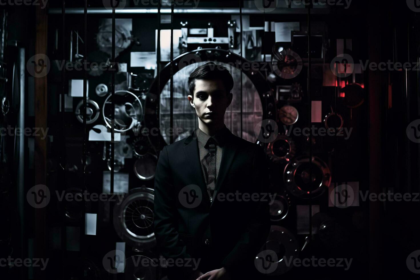 a man in a suit standing in front of a clock generative AI photo