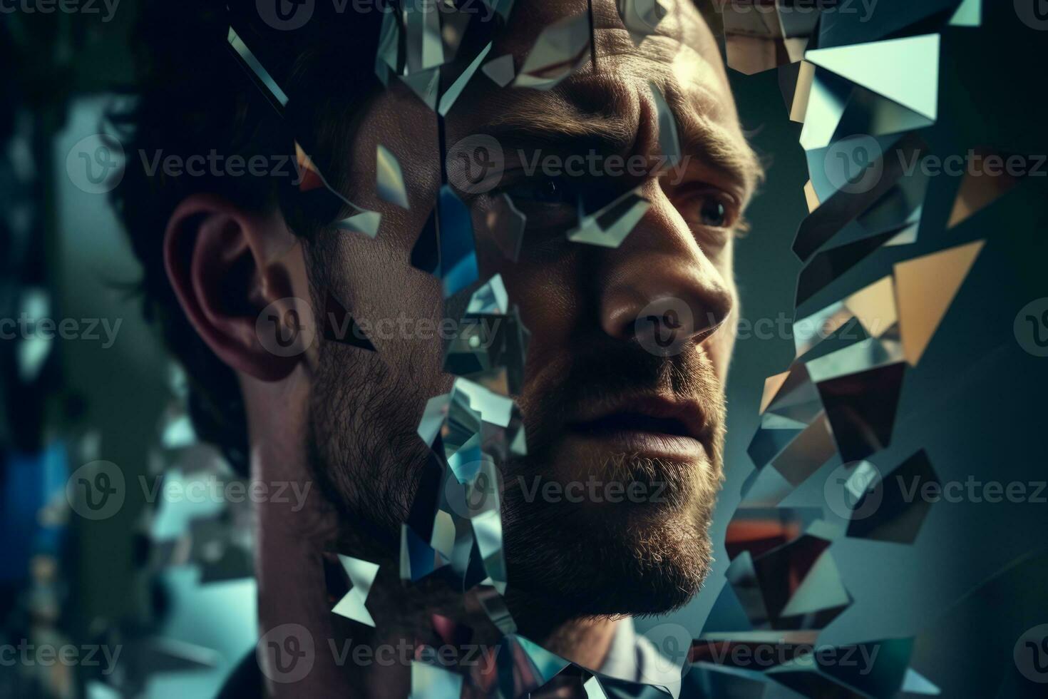 a man is looking through a broken mirror generative AI photo