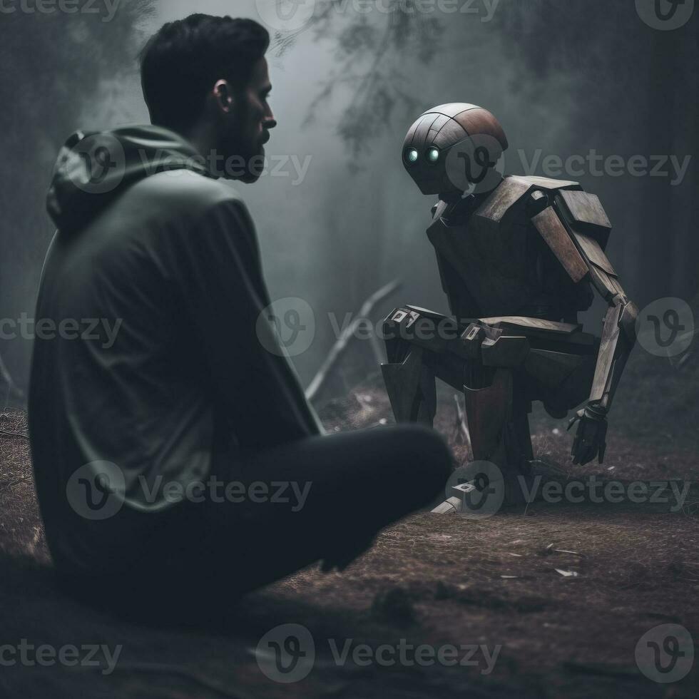 a man sitting on the ground next to a robot generative AI photo