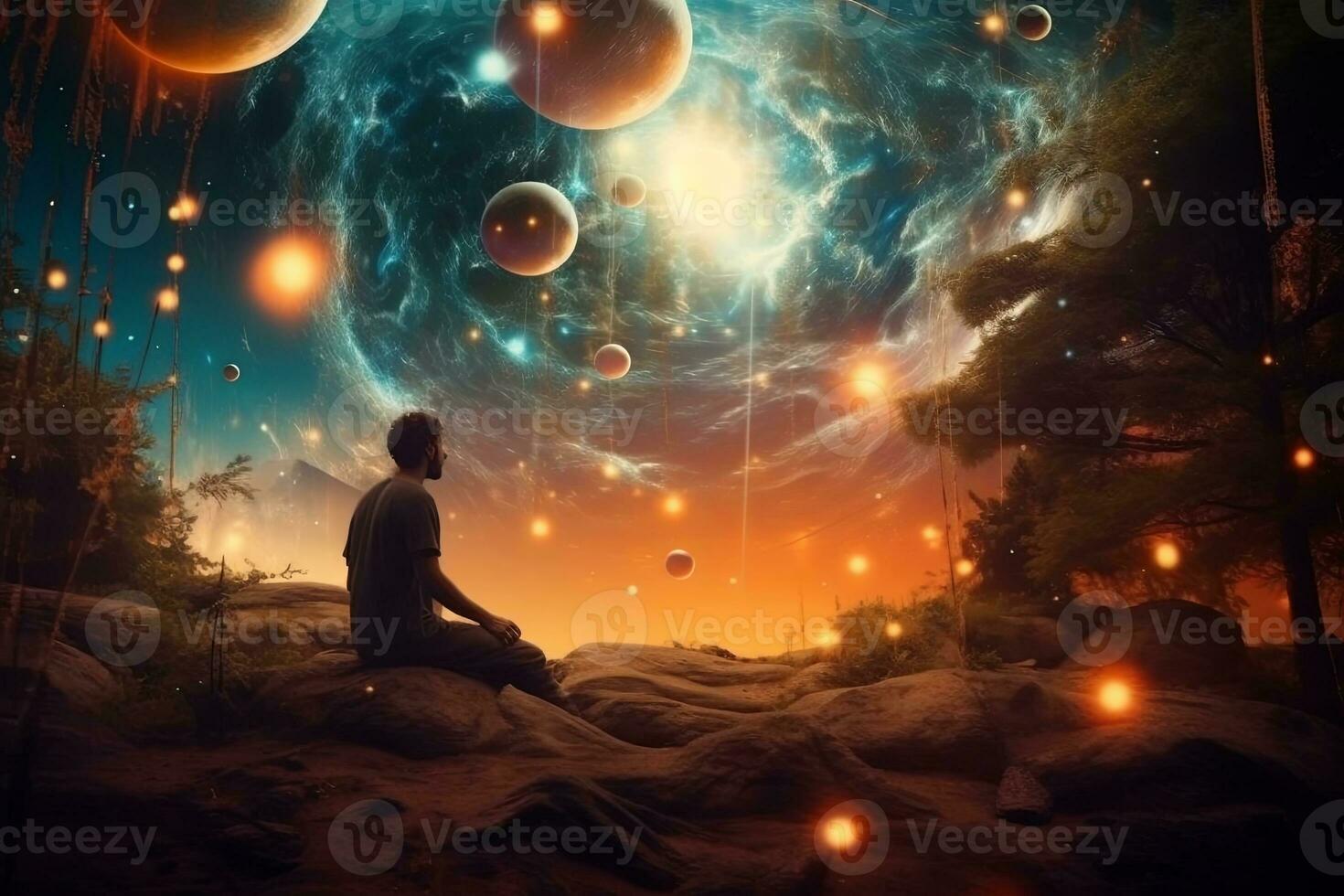 a man sitting on a rock in front of an image of planets and stars generative AI photo