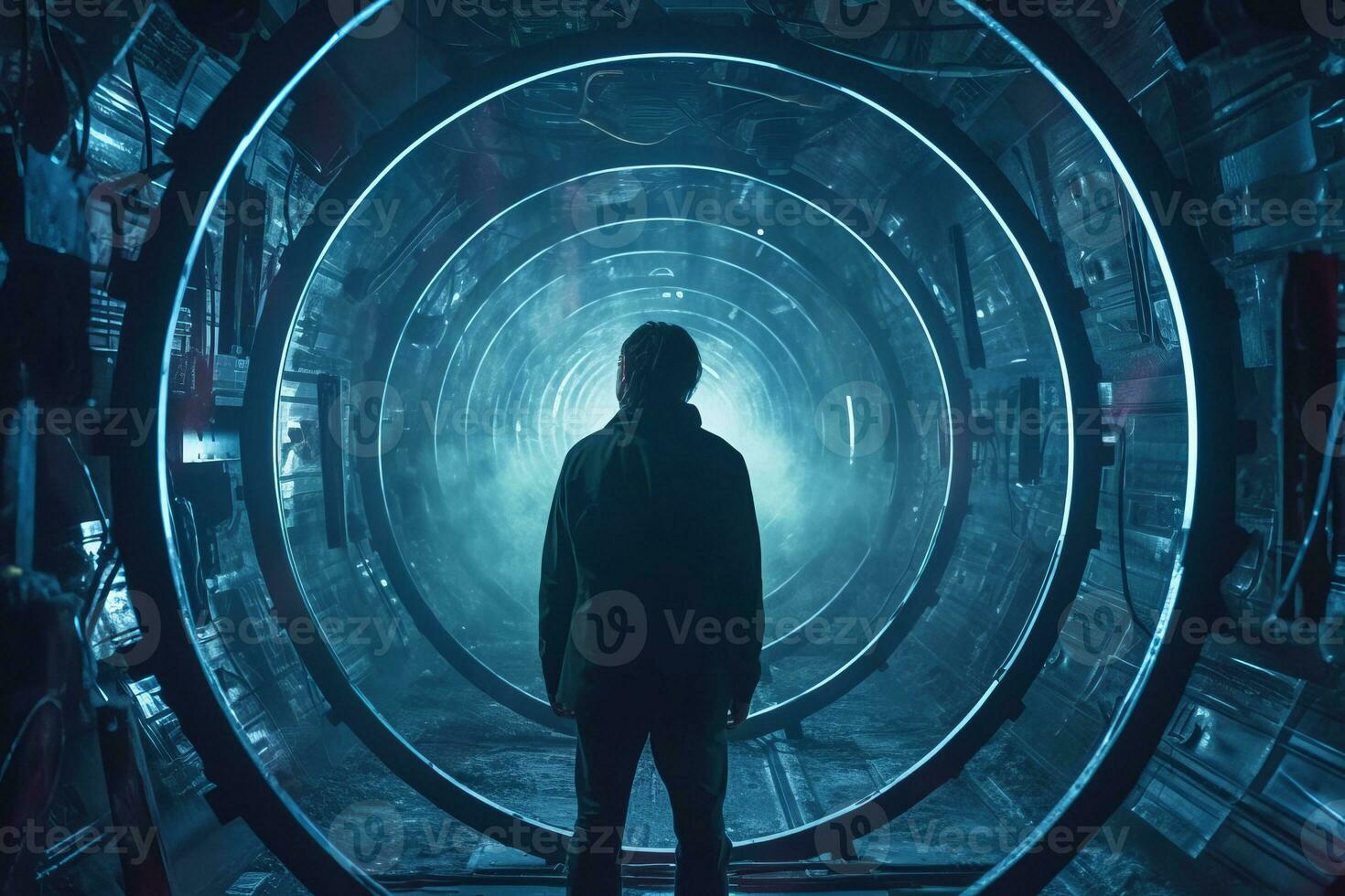 a man standing in the middle of a dark tunnel generative AI photo