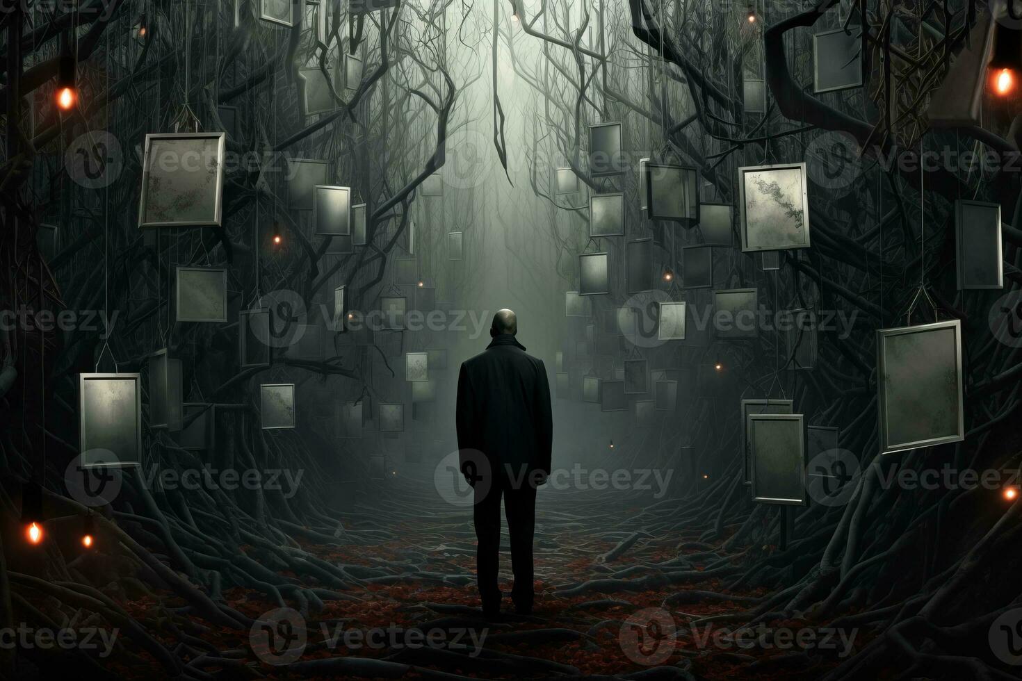 a man standing in the middle of a dark forest with many pictures hanging from the trees generative AI photo