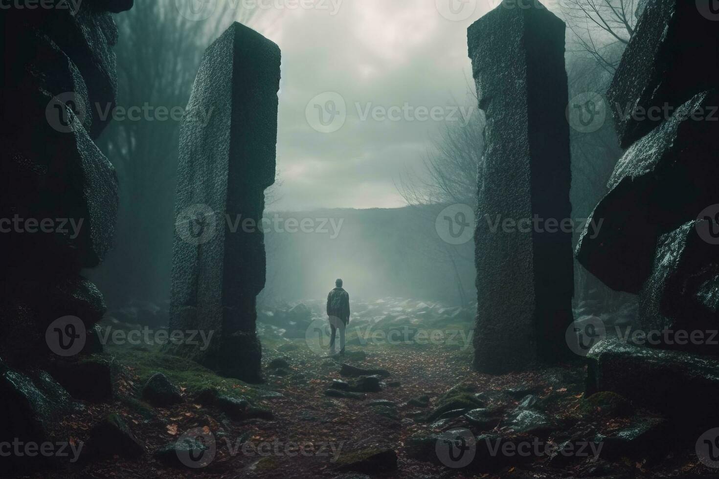 a man stands in front of two stone pillars in a dark forest generative AI photo