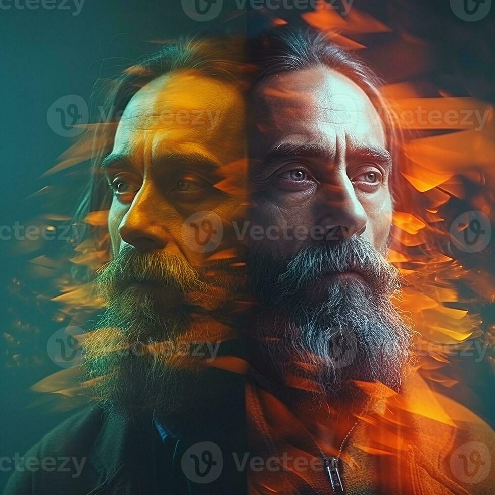 a man with a beard and long hair in front of a fire generative AI photo