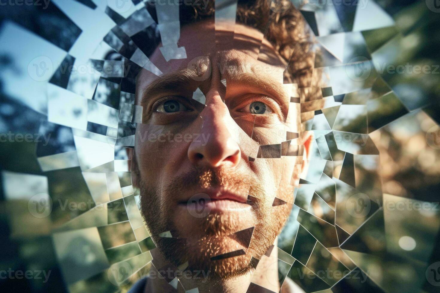 a mans face is reflected in a broken mirror generative AI photo