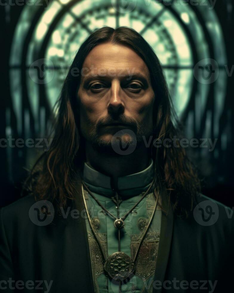 a man with long hair and long beard standing in front of a stained glass window generative AI photo