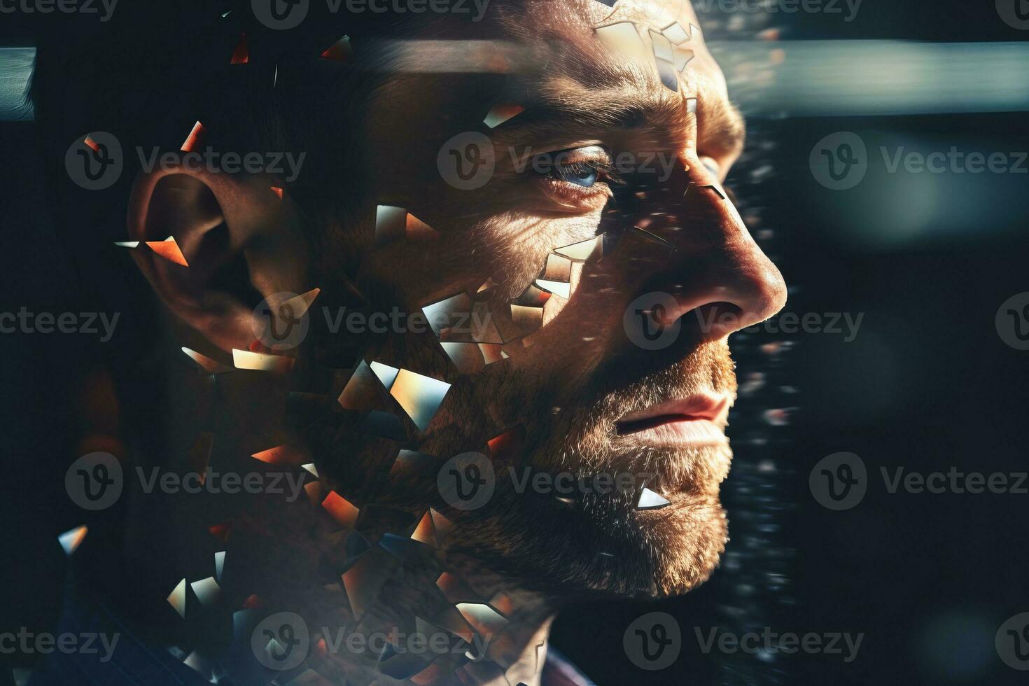 a mans face is reflected in a glass window generative AI photo