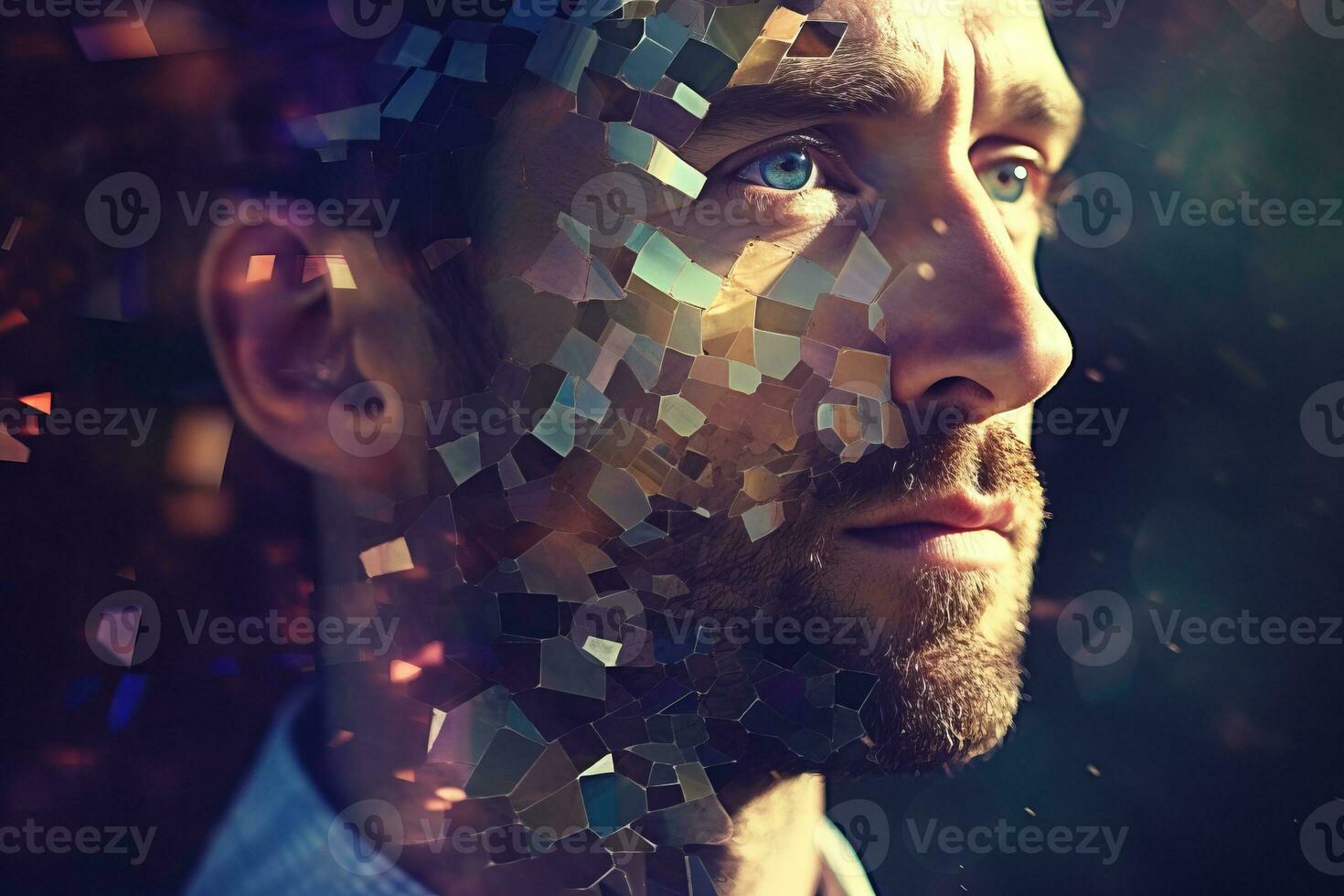 a mans face is made up of small squares generative AI photo