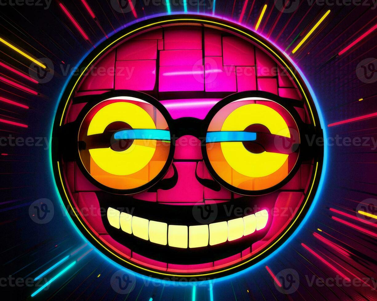 a neon smiley face with glasses on a dark background generative AI photo