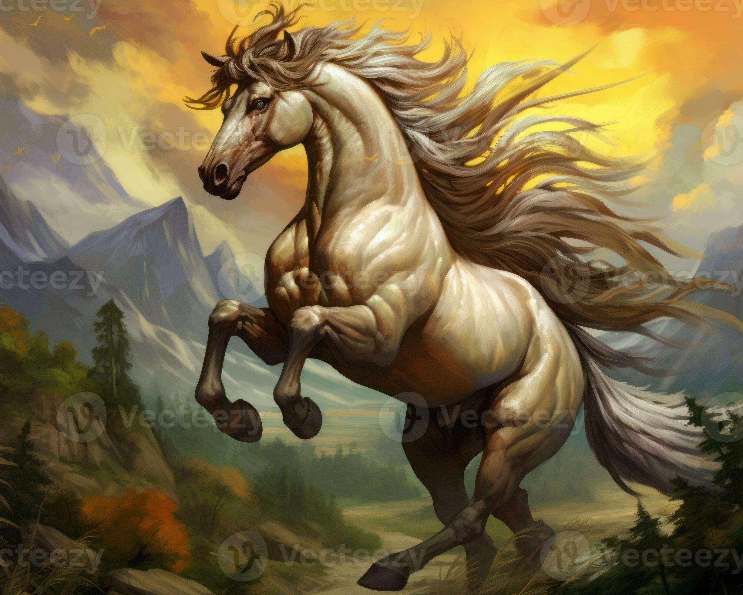 The Long Hair Beautiful White Horse - Horses - Animals Paintings