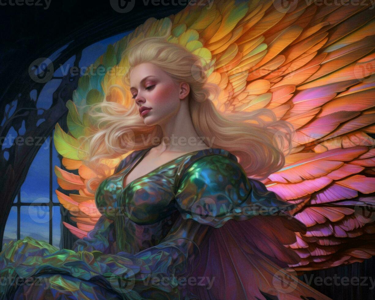 a painting of a woman with colorful wings generative AI photo