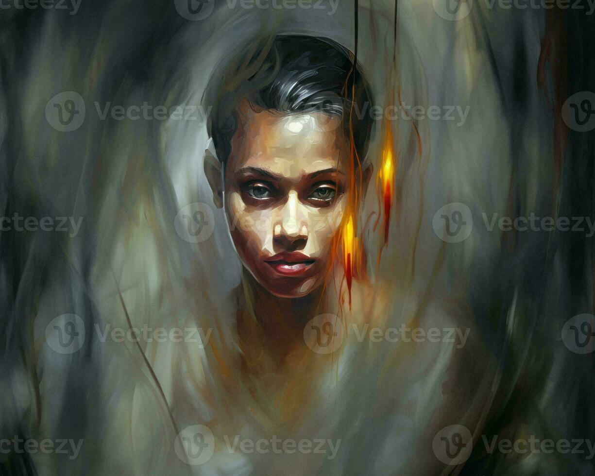 a painting of a woman with fire coming out of her eyes generative AI photo