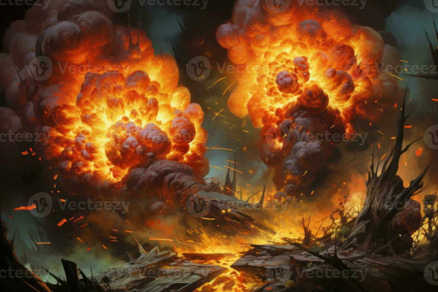 a painting of two fireballs coming out of the ground generative AI photo