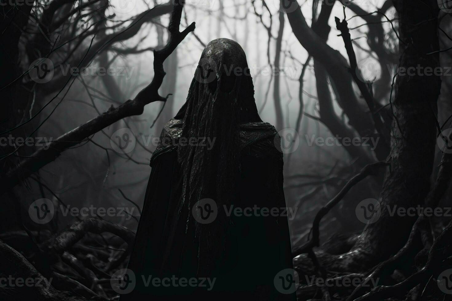 a person in a black cloak standing in the middle of a dark forest generative AI photo