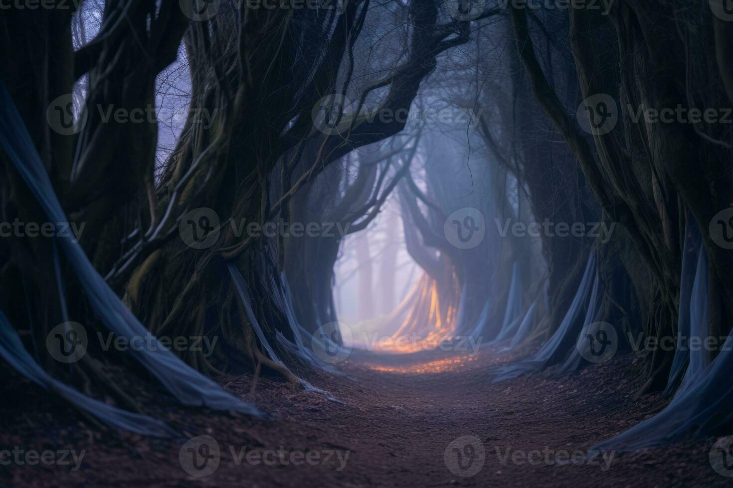 a path through a forest with trees and blue cloth generative AI photo