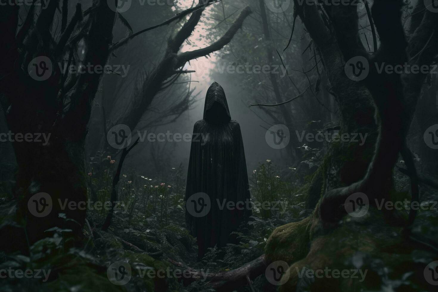 a person in a black cloak standing in the middle of a dark forest generative AI photo