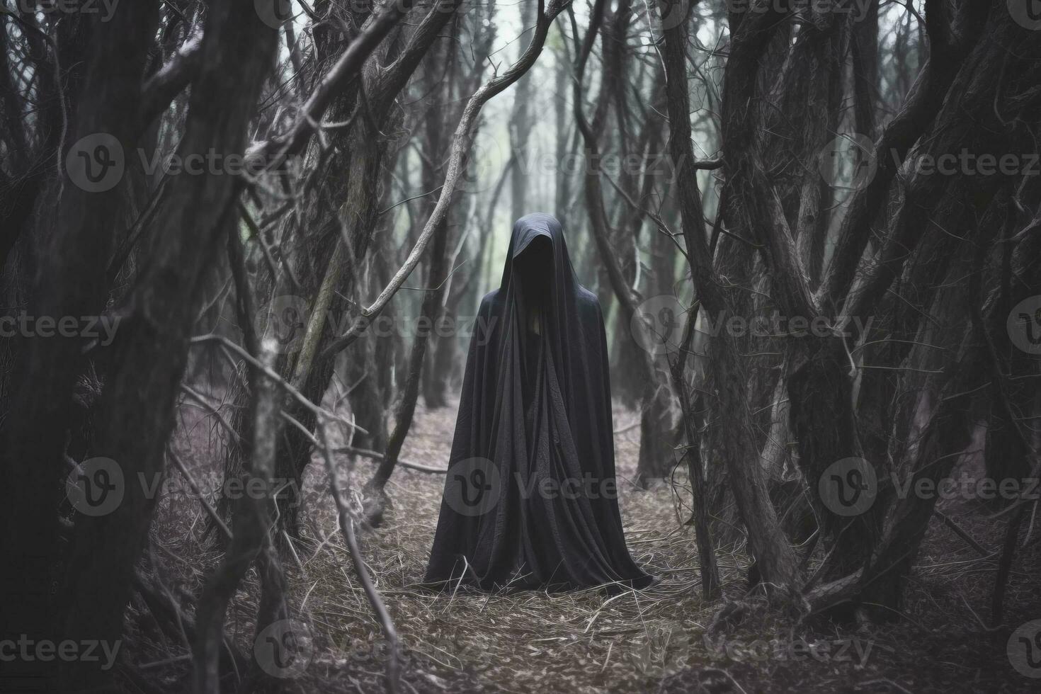 a person in a black cloak standing in the middle of a forest generative AI photo