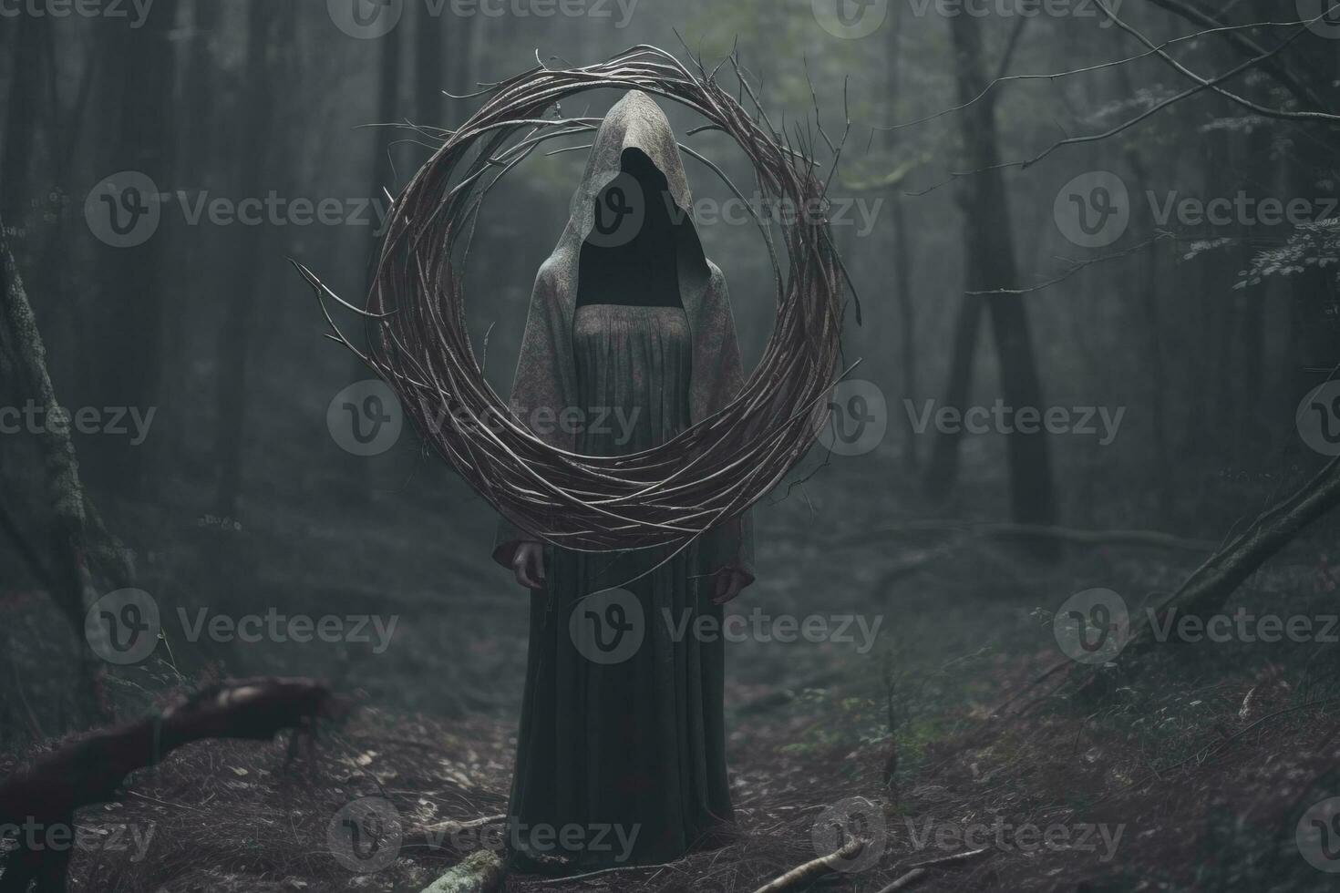 a person in a hood standing in the middle of a forest generative AI photo