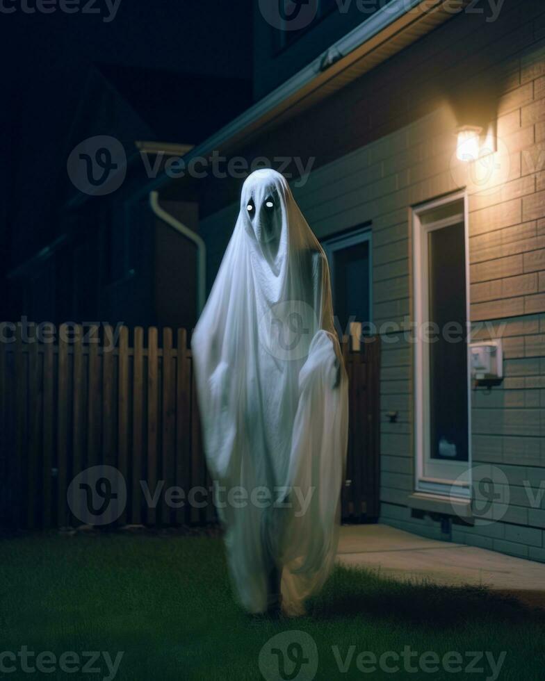 a person in a ghost costume is standing in front of a house at night generative AI photo