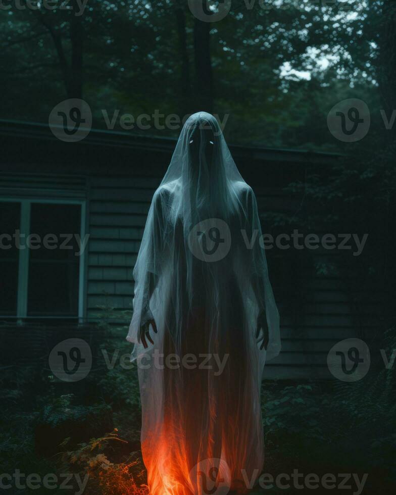 a person in a ghost costume standing in front of a house generative AI photo