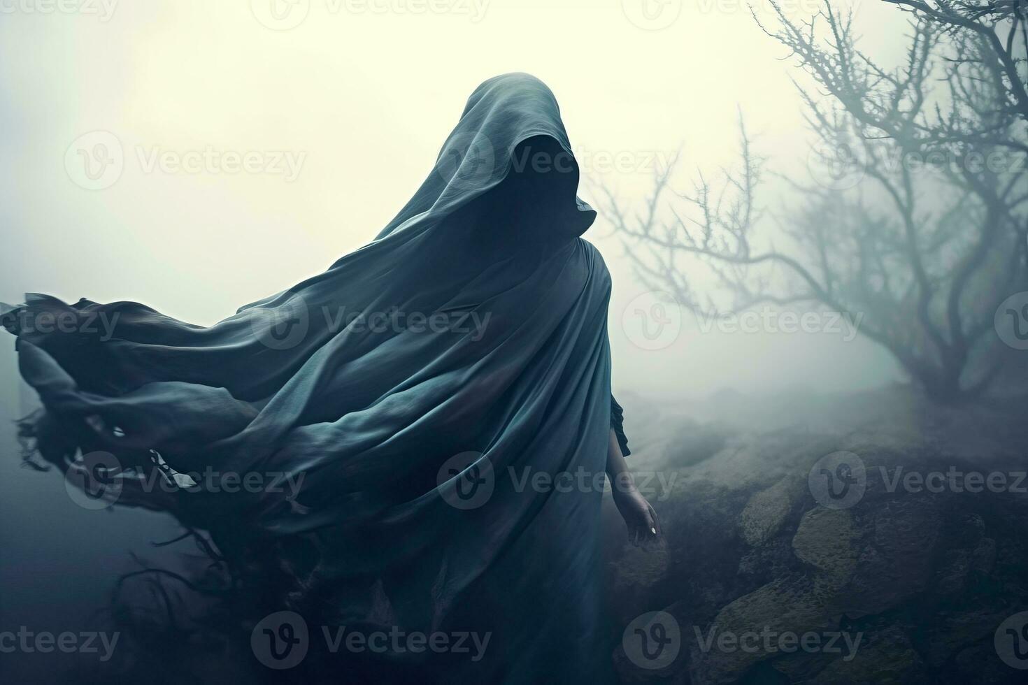 a person in a hooded cloak is standing in the fog generative AI photo