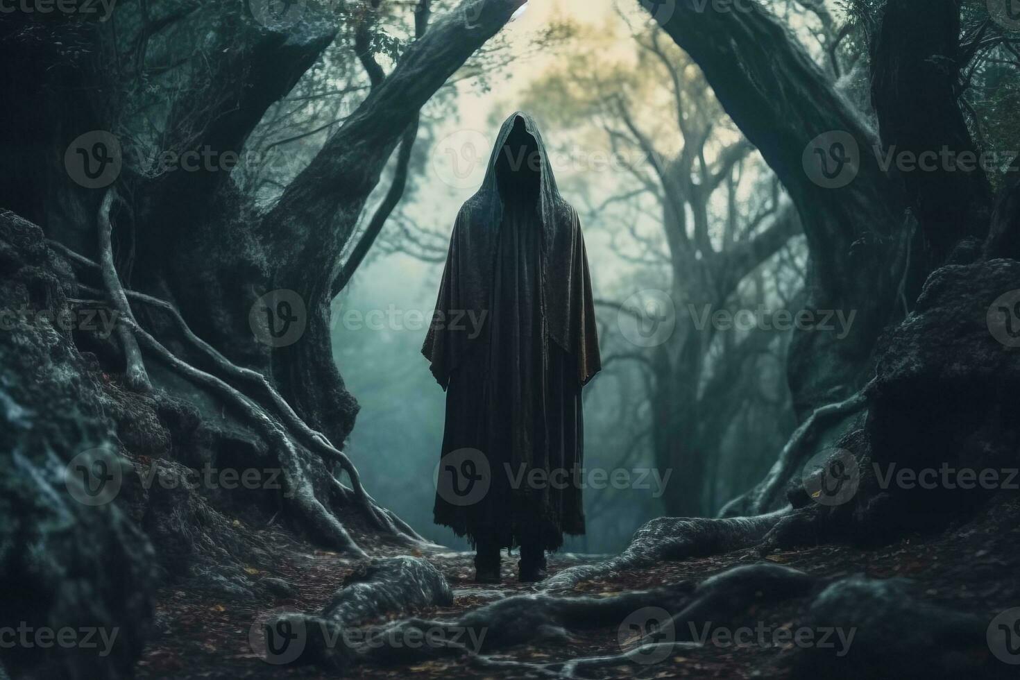 a person in a hooded robe standing in a dark forest generative AI photo