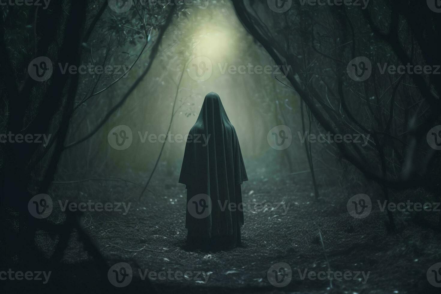 a person in a hooded robe standing in the middle of a dark forest generative AI photo