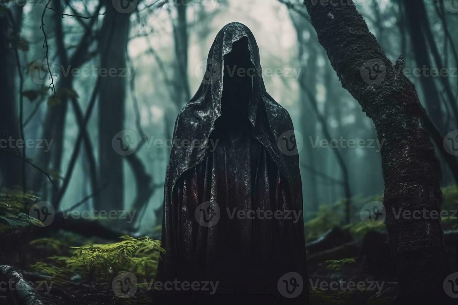 a person in a hooded robe standing in the middle of a dark forest generative AI photo
