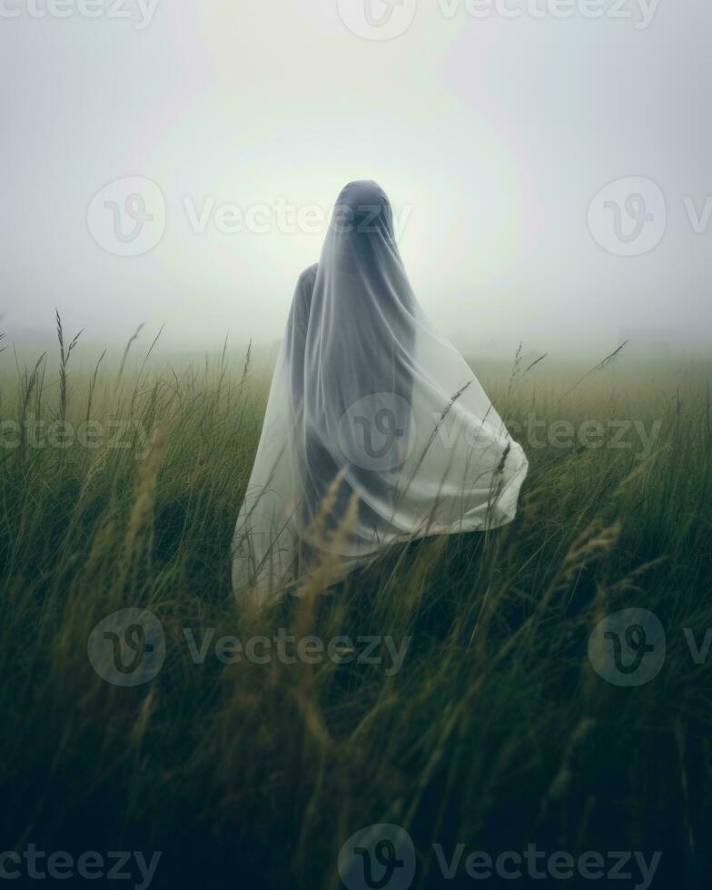 a person in a white veil standing in a field of tall grass generative AI photo