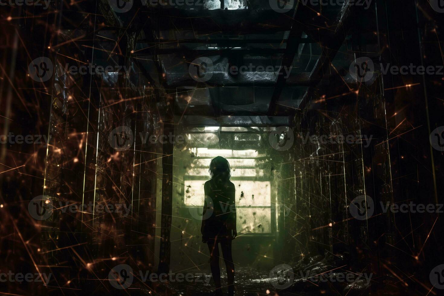 a person standing in a dark hallway with glowing lights generative AI photo