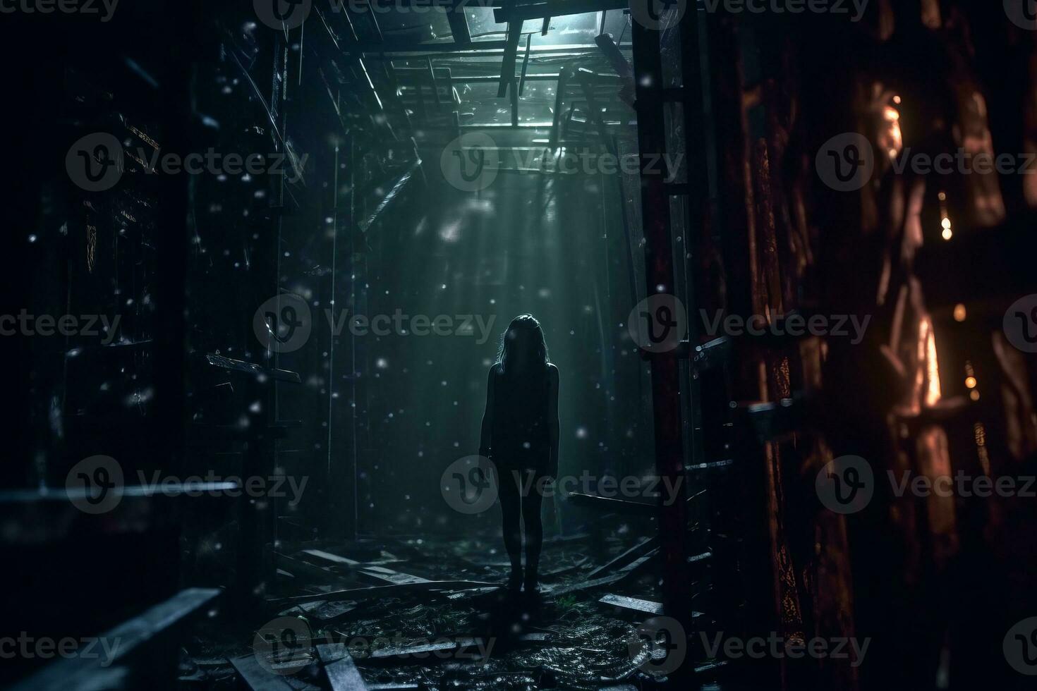 a person standing in a dark hallway with light coming from the ceiling generative AI photo
