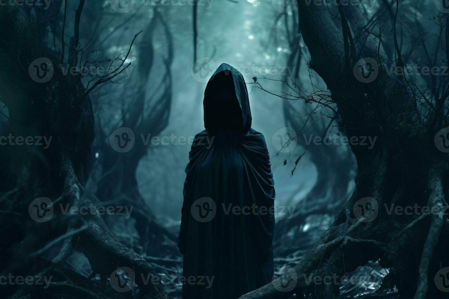 a person in a hooded robe standing in a dark forest generative AI photo