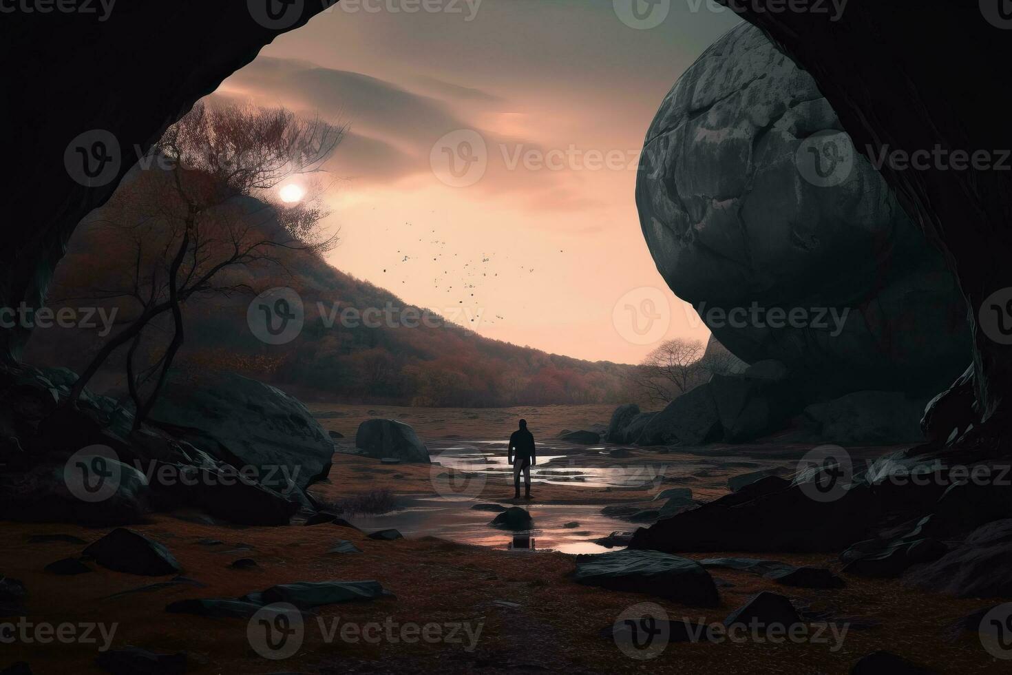 a person standing in front of a cave at sunset generative AI photo